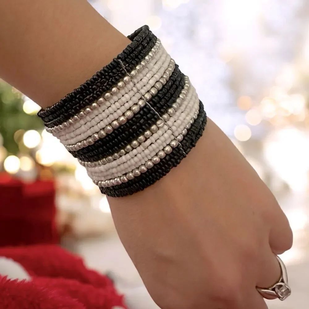 NWT Stephan & Co. Beaded Thick Cuff Bracelet Black White Silver Stripes